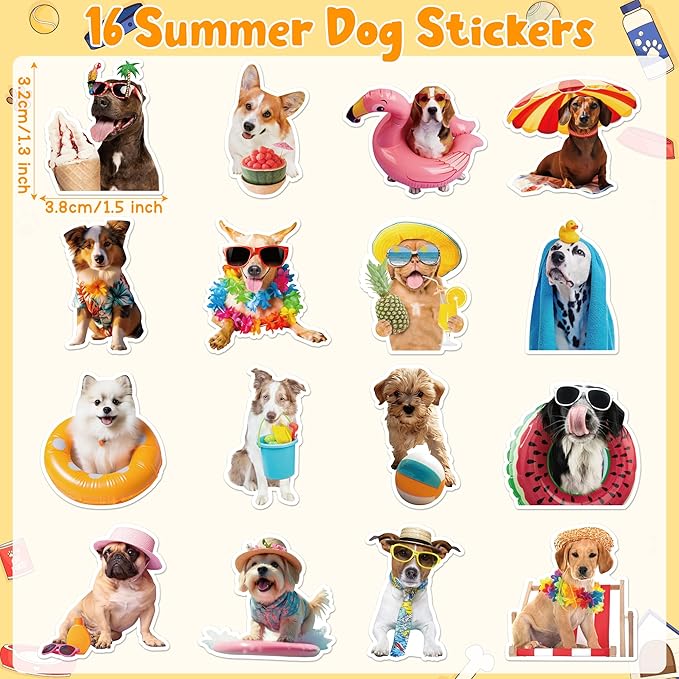 h1vojoxo summer dogs sticker rolls - 1000pcs hawaii dog stickers for kids 16 designs waterproof beach dogs stickers for water bottles laptop scrapbook crafts envelopes gifts cute sticker for dog lover