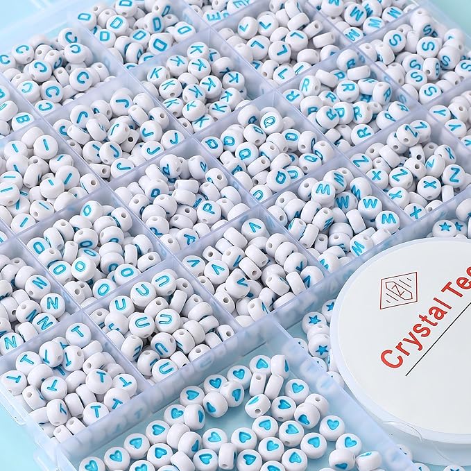 nikkiGuo 1250pcs 4x7mm White Round Acrylic Alphabet Beads A-Z Heart Beads with Numbers Crystal Line for Jewelry Bracelet, Necklace and Key Chains (Orchid White Color)