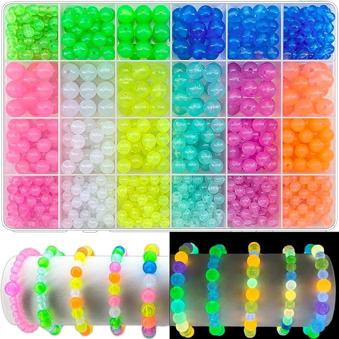1016Pcs Glow in The Dark Round Beads, 6mm 8mm 10mm Luminous Round Bead Acrylic UV Color Changing Bracelet Beads Sun Sensitive Plastic Glow Bead Bulk for Jewelry Making Bracelets Necklace