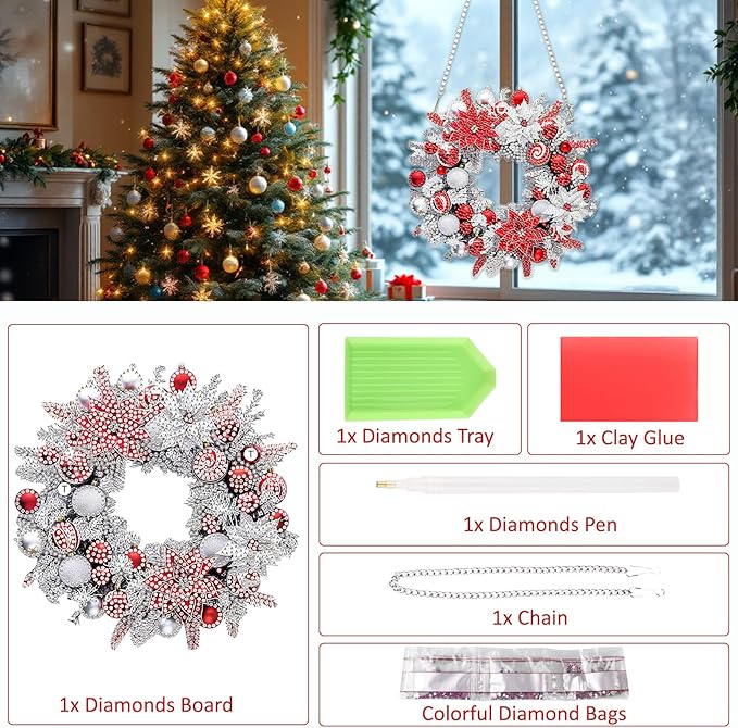 SENQAO Christmas Diamond Art Hanging Kits for Adults Kids, Christmas Wreath Diamond Art Suncatchers, 5D Special Shape Diamond Painting Pendant Window Ornament Gifts for Home Door Wall Decor