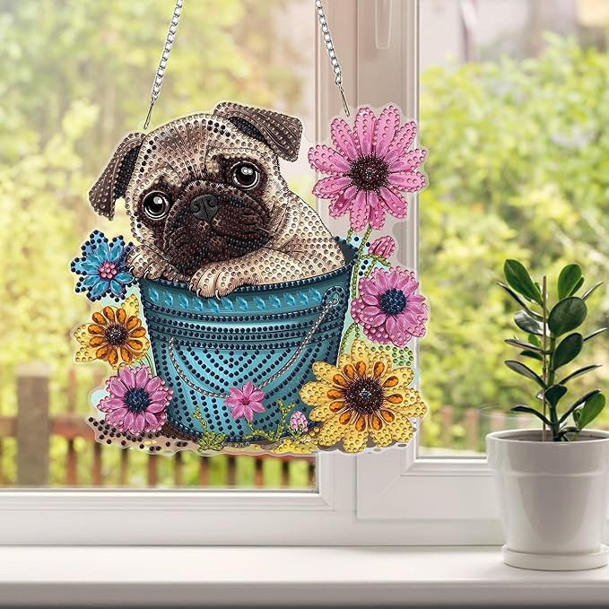 HEIBAGO Dog Diamond Art Hanging Kits for Adults, Diamond Art Suncatchers, 5D Special Shape Diamond Painting Pendant, DIY Window Ornament Gifts for Home Garden Door Wall Decor 8.3 x 8.3 Inch