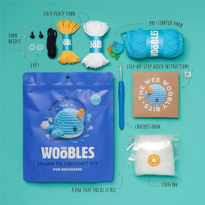 the woobles crochet kit for beginners - easy arts and crafts knitting & crochet animals kit as seen on shark tank - bjørn the narwhal