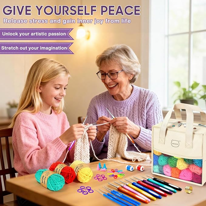 MIAOKE 90 Pcs Portable Crochet Kit with 36 Colors of Crochet Yarn, 36 Crochet Hook Accessories, 16 Crochet Hooks, A Waterproof Knitting Bag and a Storage Bag. Suitable for Beginners and Professionals