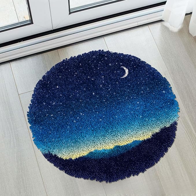 Latch Hook Rug Kit Stars Night Sky Moon Stamped Handmade Round Shape Carpet Crochet Yarn Craft DIY Hook and Latch Door Mat Tapestry for Home Floor Decor 50x50cm