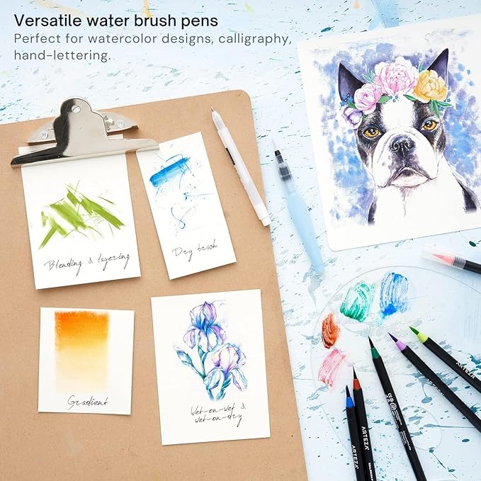 ARTEZA Water Brush Pen, Set of 4, Assorted Soft Nylon Bristle Tips, Self-Moistening Water Brush, Refillable Water Pen