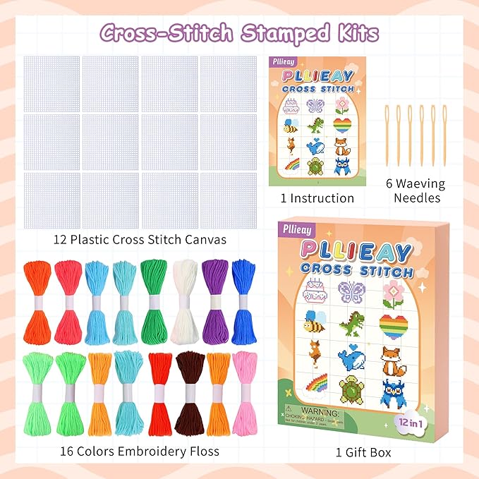 Pllieay Cross Stitch Kits for Beginners 12in1 Cross Stitch Kits for Kids Embroidery Kit Includes 12pcs Blank Plastic Mesh Canvas, 16 Yarns, 6 Embroidery Needles, Needlepoints Starter Sewing Set