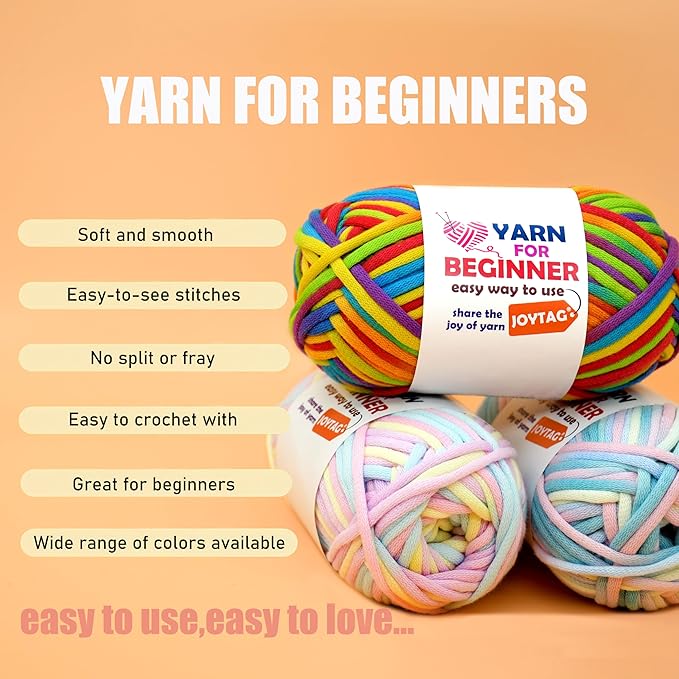 50g Rainbow Beginner Crochet Yarn - Cotton-Nylon Blend - Easy-to-See Stitches - Yellow Pink Purple Blue