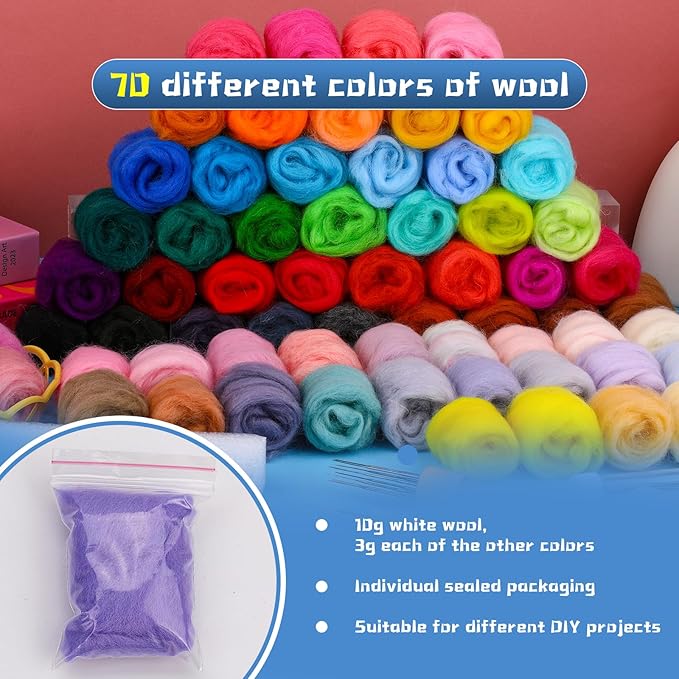 SOCNITC 70 Colors Needle Felting Kit, Wool Felting Kit for Beginner, Felting Needles Wool Roving Needle Felting Supplies with Needle Felting Tools for DIY Animals Handmade Crafts Decoration