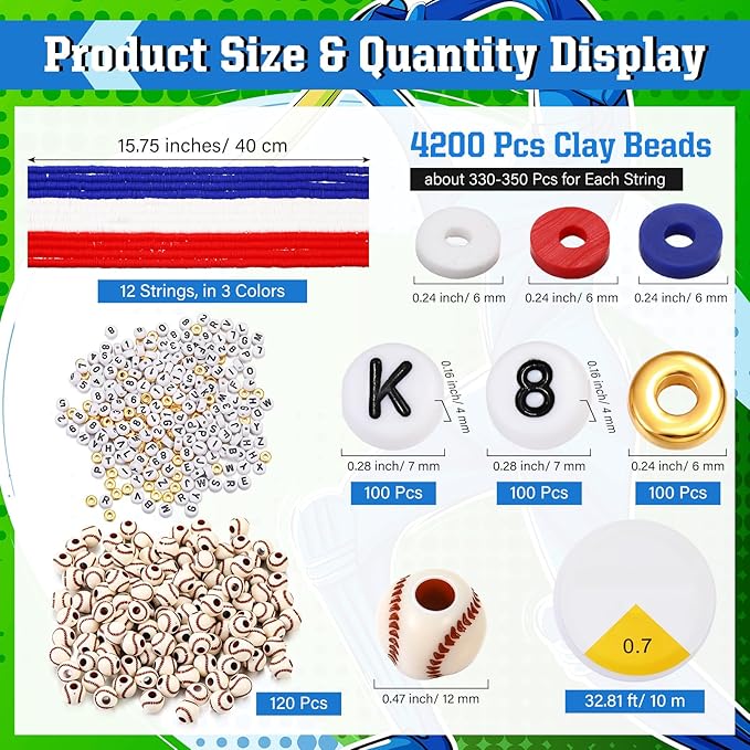 Ferreve 4200 Pcs Baseball 12 Strands Clay Beads Bracelet Making Kit, 100 Letter and Number Beads, 120 Baseball Acrylic with Gold Spacer, Charm Bracelet Kit for Sport Party