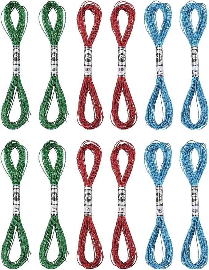 PATIKIL 12 Skeins Embroidery Floss, Metallic Embroidery Thread Nylon Threads Bracelets String for Cross-Stitch Hand Embroidery, Blue/Dark Green/Red