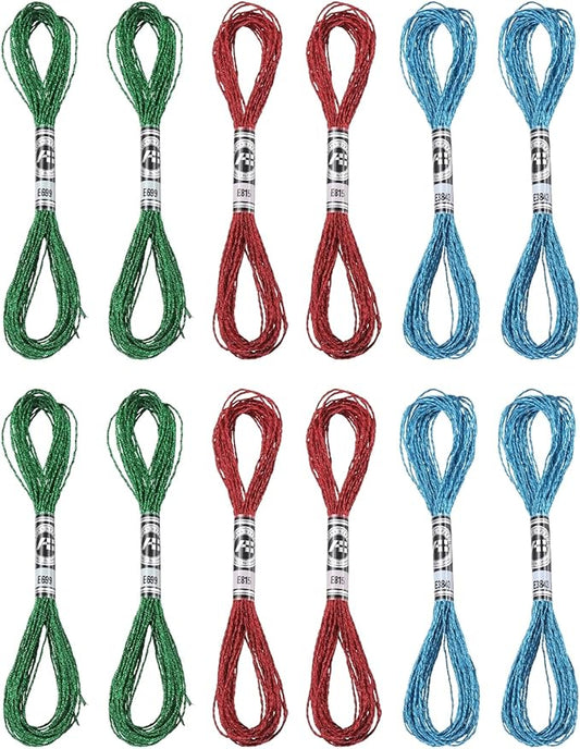 PATIKIL 12 Skeins Embroidery Floss, Metallic Embroidery Thread Nylon Threads Bracelets String for Cross-Stitch Hand Embroidery, Blue/Dark Green/Red