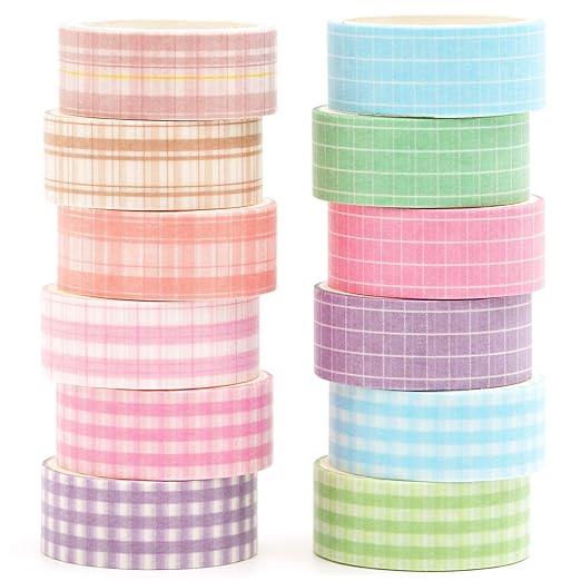 12 Rolls Grid Washi Tape Set Plaid Arts Adhesive Tapes Basic Patterns Decorative Masking Tape Sets for Craft, Kids, Scrapbook, DIY, Gift Wrapping (Style Four)