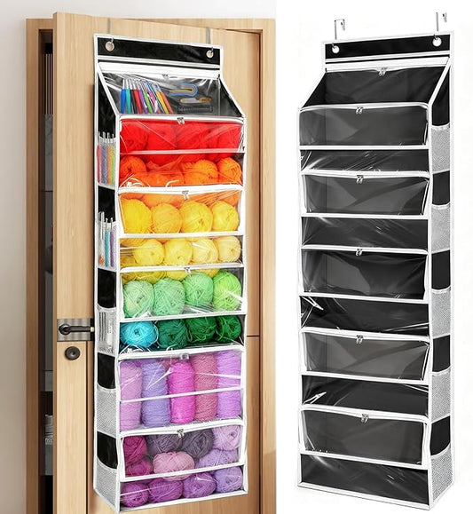 Hanging Yarn Storage Organizer, Large Capacity Over the Door Yarn Organizer with 6 Clear Zipper Pockets 10 Mesh Side Bags, Hanging Yarn Holder Knitting Storage Bag for Crochet Hooks, Black