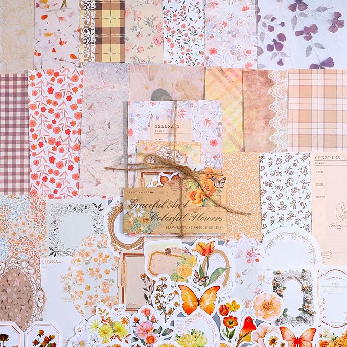 TIESOME 100pcs Vintage Floral Scrapbook Paper and Journaling Stickers Assorted Set, Memo Labels for Junk Journal Planner Collage Card Album Decor(Yellow)
