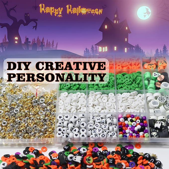 WANSPOORTS 3200+pcs Halloween Polymer Clay Beads Charms Friendship Bracelet Necklace Earring Jewelry Making kit, Accessories for Arts Crafts DIY Gifts for Women Girls (Halloween (3200+Pcs))