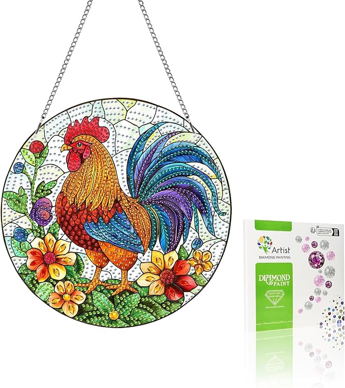 VAIIEYO Rooster Diamond Art Hanging Ornament, Animal Diamond Painting Suncatchers Window Hanging Kit with Chain, 7.5x7.5 inch Crystal Pendant Art Craft for Gift Home Wall Front Door Decoration