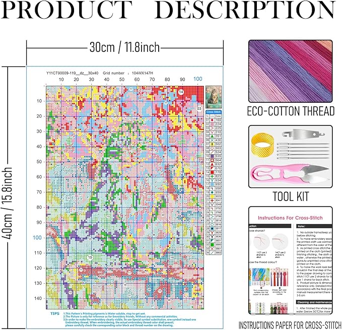 RLTXBUK Cat Cross Stitch Kits, Whimsical Floral Siberian Cat Stamped Counted Cross Stitch Kits for Adults, Pet Lover Gifts for Women, 11.8x15.8 Inch