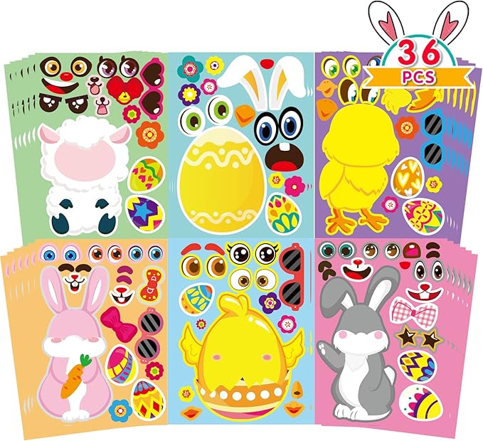 36 sheet easter stickers for kids,easter basket stuffers,make a face sticker, make your own animal stickers,party favor supplies crafts
