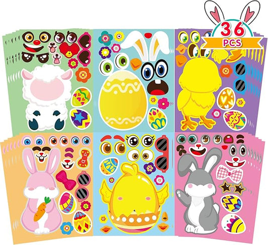 36 sheet easter stickers for kids,easter basket stuffers,make a face sticker, make your own animal stickers,party favor supplies crafts