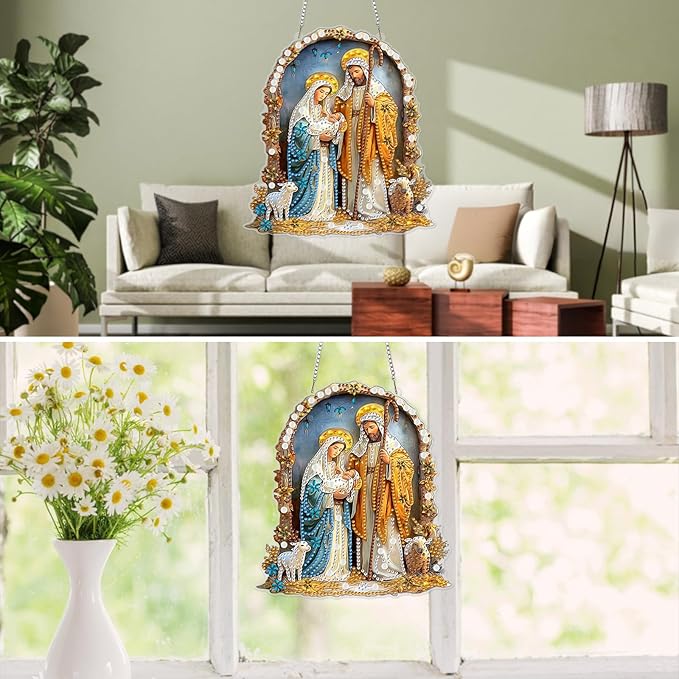 MXJSUA Diamond Art Hanging Kits for Adults Beginners, DIY Acrylic 5D Special Shaped Crystal Diamond Gem Art Painting Hanging Ornament for Home Wall Decor and Gift Nativity Jesus