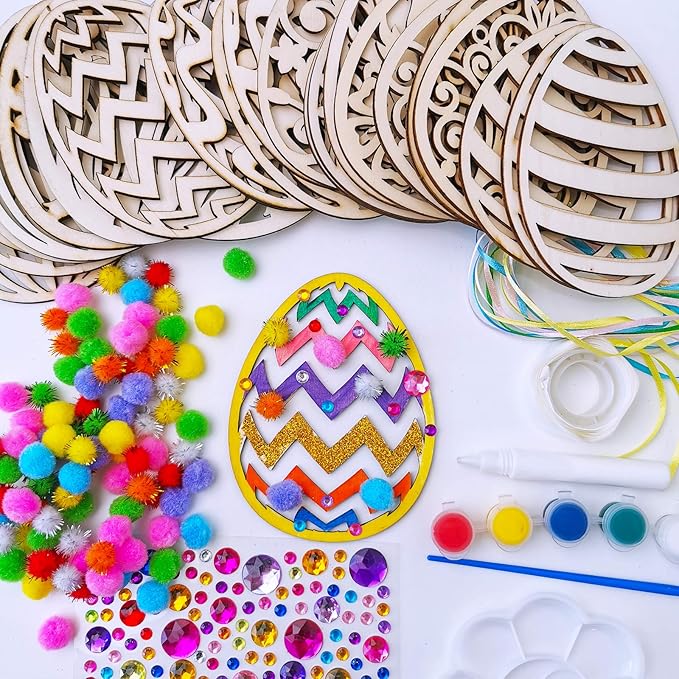32 Sets Wooden Easter Ornaments Decorations DIY Easter Craft Kits Assorted Paintable Unfinished Wood Laser Cut Easter Egg Ornaments Pom-poms for Kids Easter Spring Classroom Home Activity Art Project