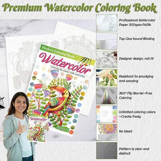 Adults Water Coloring Book: 12 Advanced Exquisite Patterns – 100% Cotton 300gsm Paper, A4 Size – for Beginners & Professionals to Enhance & Consolidate Watercolor Techniques (Nature)