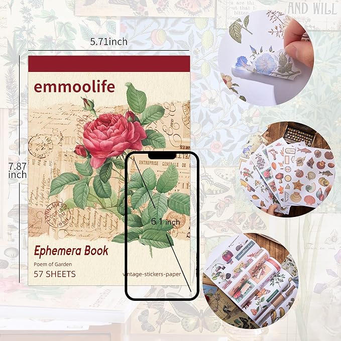 emmoolife Vintage Washi Sticker for Scrapbooking, Ephemera Sticker Book for Journaling with 512 Botanical Stickers & 25 Scrapbook Papers, Ephemera for Junk Journal, Journaling Supplies for Crafts