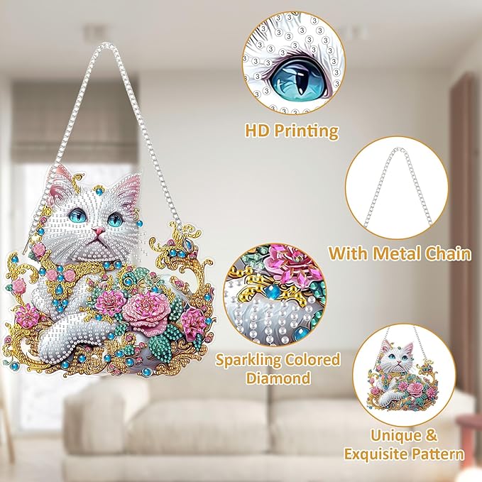 SENQAO Cat Hanging Diamond Art Painting Kits for Adults Beginners, 5D Special Shape Diamond Art Kits, Cat Flower Crystal Rhinestones Diamond Gem Art Painting for Home Garden Wall Decor