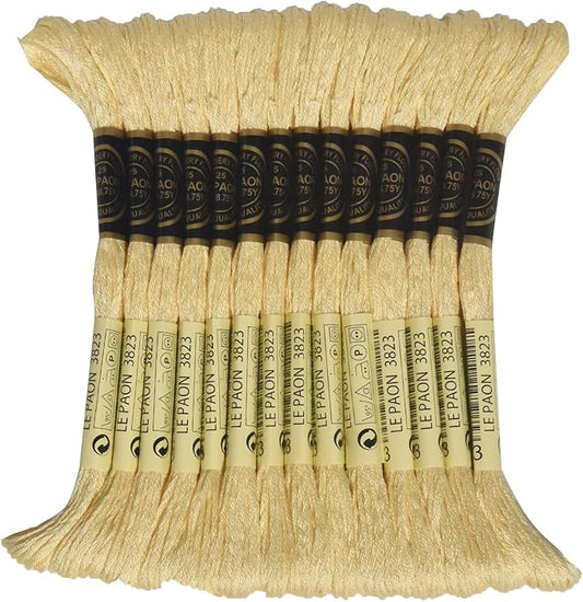 LE PAON Embroidery Floss, 14-Pack Six Strands 100% Long Staple Cotton Embroidery Thread, 8.7-Yard，Color Number：3823, Pale Yellow