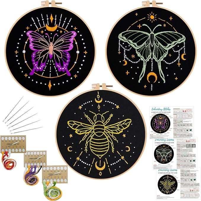 louise maelys 3 sets tarot embroidery kits for beginners,cross stitch kit for adults,crewel starters needlepoint with moon, butterfly, bee and moth pattern and tool