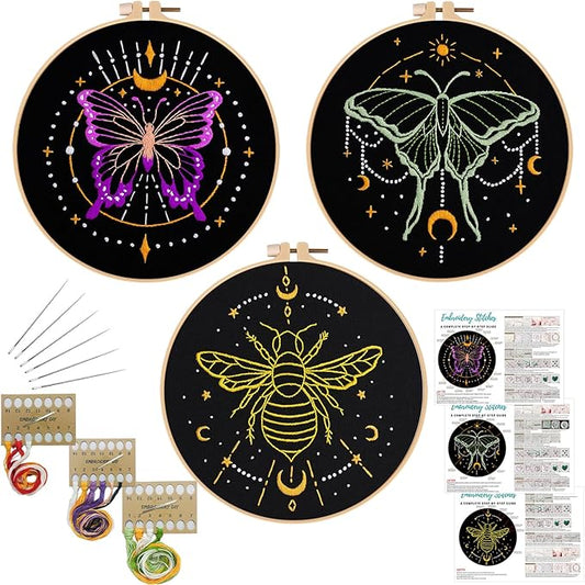 louise maelys 3 sets tarot embroidery kits for beginners,cross stitch kit for adults,crewel starters needlepoint with moon, butterfly, bee and moth pattern and tool