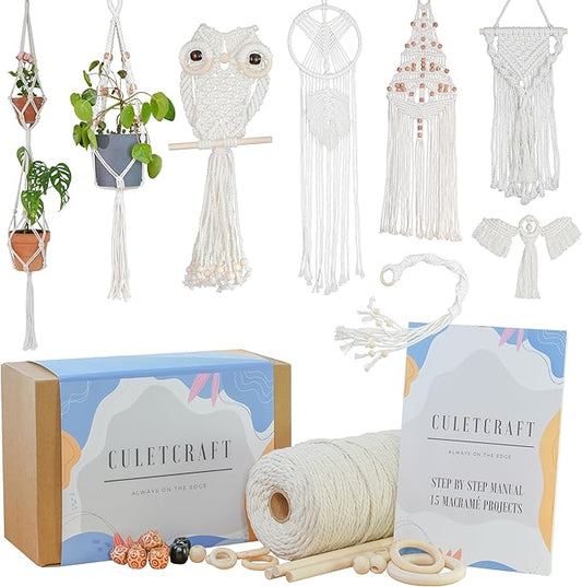 macrame kit for beginners 153pc, 15 projects book, 164yd cotton macrame cord, wooden beads & sticks, wooden & metal rings, gift box, book & accessories, perfect macrame starter kit