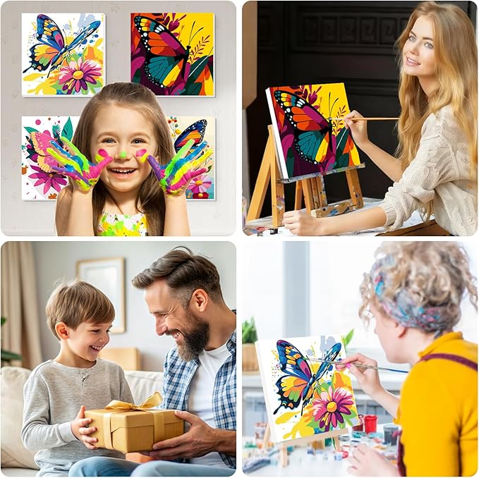 Lxmsja 4 Pack Butterfly Bloom Paint by Numbers Kit for Adults, Easy Framed Paint by Numbers for Adults Beginner, DIY Acrylic Oil Painting Craft Kits for Home Wall Decor 8x8 inch