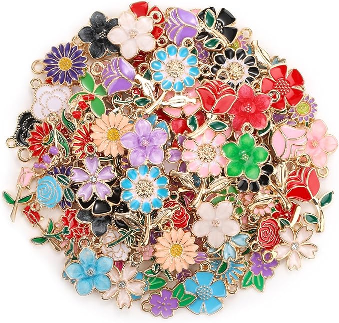 Mckanti 150Pcs 75 Pairs Spring Flower Charms for Jewelry Making and Bracelets, Wholesale Floral Assorted Enamel Mixed Bulk Metal Charms for DIY Necklace Bracelet Earring Jewelry Making and Crafting