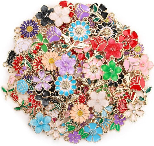Mckanti 150Pcs 75 Pairs Spring Flower Charms for Jewelry Making and Bracelets, Wholesale Floral Assorted Enamel Mixed Bulk Metal Charms for DIY Necklace Bracelet Earring Jewelry Making and Crafting