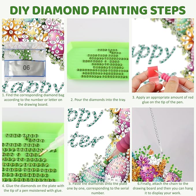MEIYUDA Easter Egg Diamond Art Hanging Kits for Adult, Happy Easter Diamond Painting Hanging Kits Ornaments, DIY Special Shaped Rhinestone Window Pendant for Home Garden Wall Decor Gift
