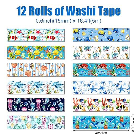 12 Rolls Blue Ocean Washi Tape, Underwater World Masking Tapes, Sea Animal Cartoon Decorative Tape for Arts, DIY Crafts, Journals Planners Scrapbook Gift Wrapping 16.4FT