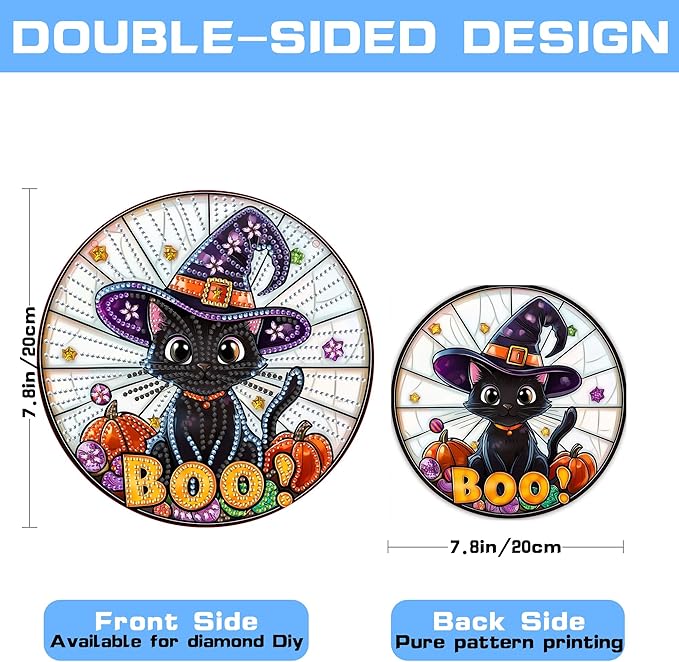 VAIIEYO Halloween Diamond Art Hanging Ornament, Black Cat Diamond Painting Suncatchers Window Hanging Kit with Chain, 7.5x7.5 inch Crystal Pendant Art Craft for Gift Home Wall Front Door Decoration
