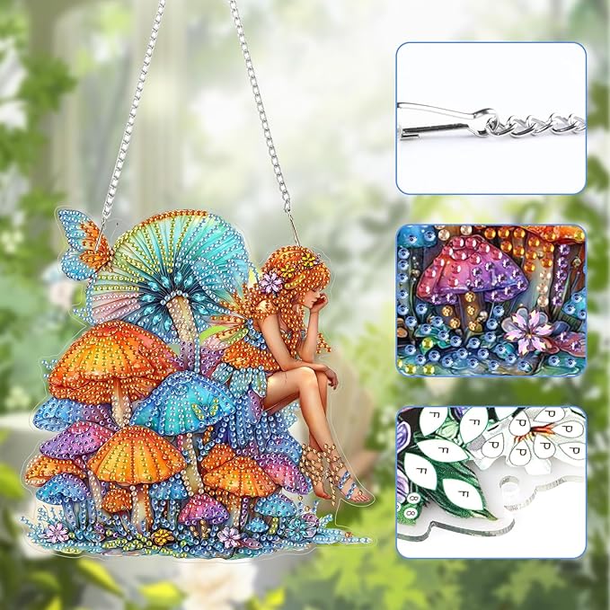 Lxmsja DIY Fairy Diamond Painting Hanging Ornament, Double-Sided Acrylic Colorful Mushrooms Diamond Art Kit, Special Shaped Suncatcher Hanging Pendant Window Art Kit 8x8 inch