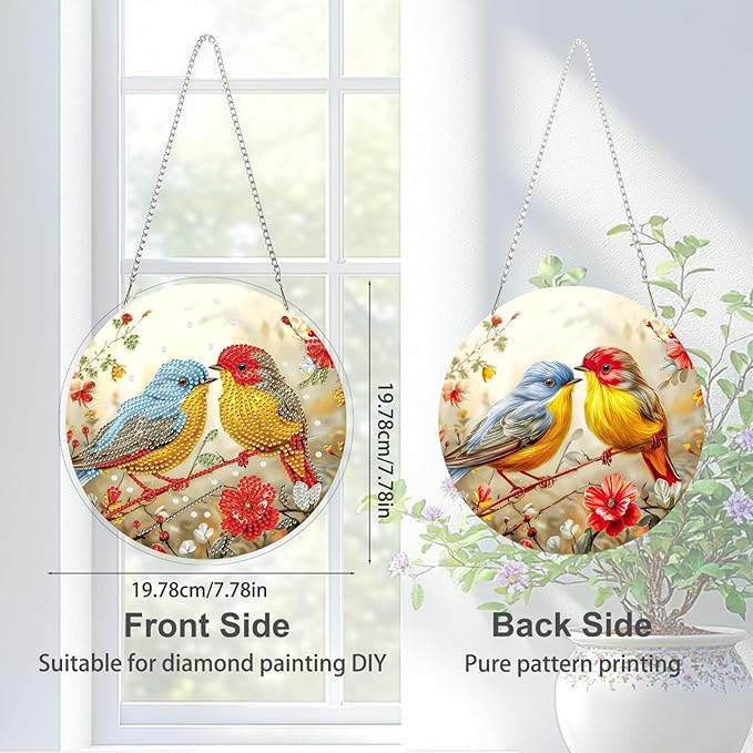 TOSTOG Birds Side by Side Diamond Art Pendant Kits for Adult, Diamond Painting Hanging Kit for Beginners, 5D DIY Crafts Gem Art, Waterproof Full Accessories for Home Decor Idea 20 * 20 cm/8 * 8 in