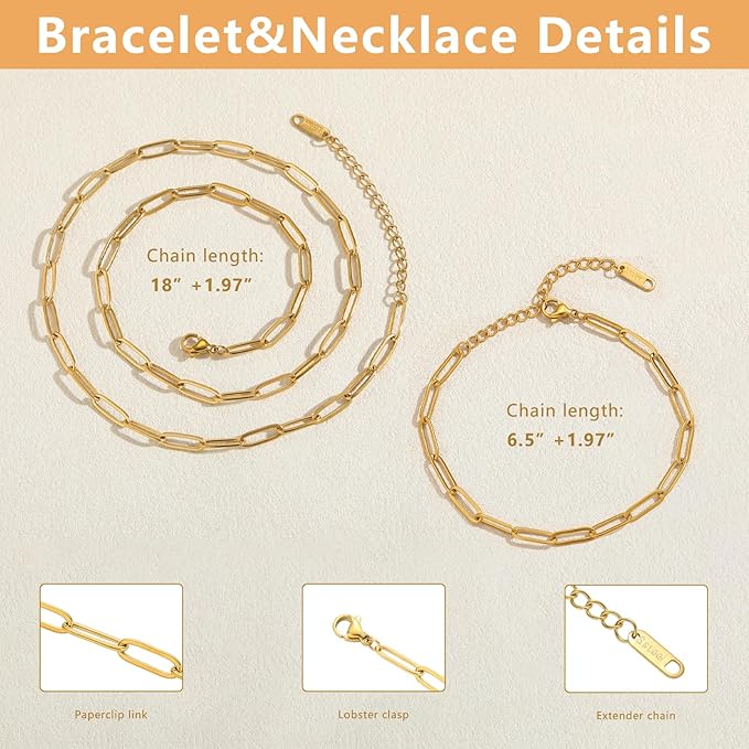 Swyabi 20 PCS Paperclip Chain Bracelet Necklace Kit Stainless Steel Charm Bulk Chains with Extender for DIY Jewelry Making Supplies Accessories (Gold + Steel）