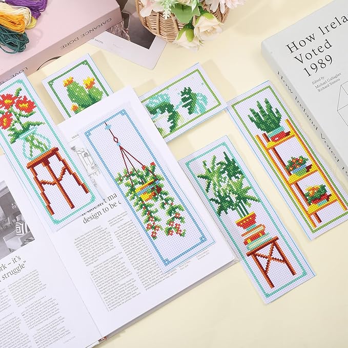 ORIGACH 6 Set Green Plants Cross Stitch Bookmark Kit for Beginner with Backing Felt Floss Instructions DIY Stamped Embroidery Bookmark Kit for Adults, Book Lovers