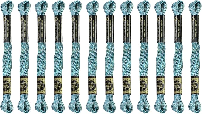12 Skeins Embroidery Floss, Green Multicolored Metallic Embroidery Thread Polyester Cross-Stitch Threads for Hand Embroidery String Art DIY Creation