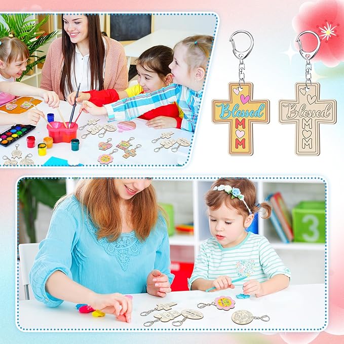 Trnayi 36 Pcs Mother's Day Crafts Color Your Own Religious Mother's Day Keychains DIY Unfinished Wooden Blessed Mom Keychains for Mom Sunday School Christian Party Home Activities Gifts