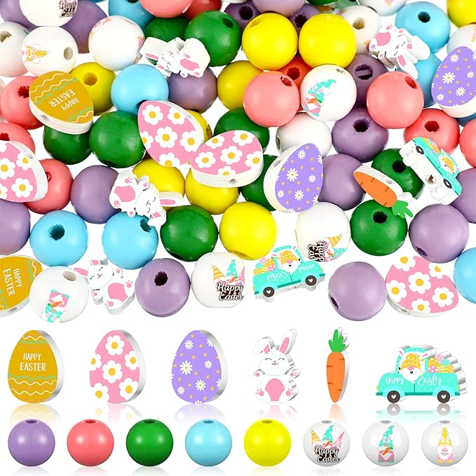 200 Pcs Easter Wooden Beads Colorful Round Flat Craft Bead Egg Colored Wood Craft Bunny Truck Midget Carrot Bead Handmade Polished DIY Crafts Garland Tray Decor