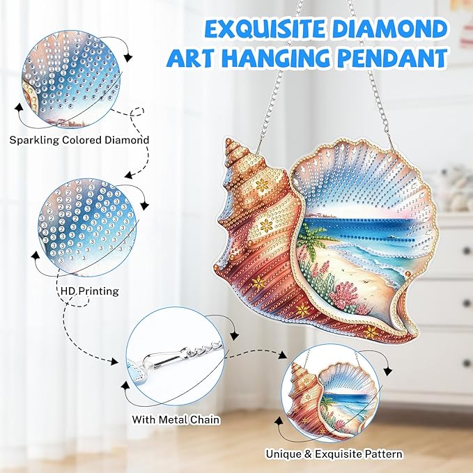 Summer Diamond Art Hanging Kits for Adults, Diamond Art Suncatchers Conch Shell, 5D Special Shape Diamond Painting Beach Pendant Window Ornament Gifts for Home Wall Door Garden Decor