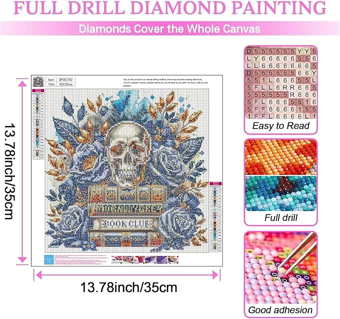 ARPADAMO Skull Book Diamond Art Kits for Adults,5D Diamond Painting DIY Book Diamond Art Diamond Painting Kits for Adult,Round Full Drill Diamonds, Diamond Art Kits for Home Decor-14x14inch