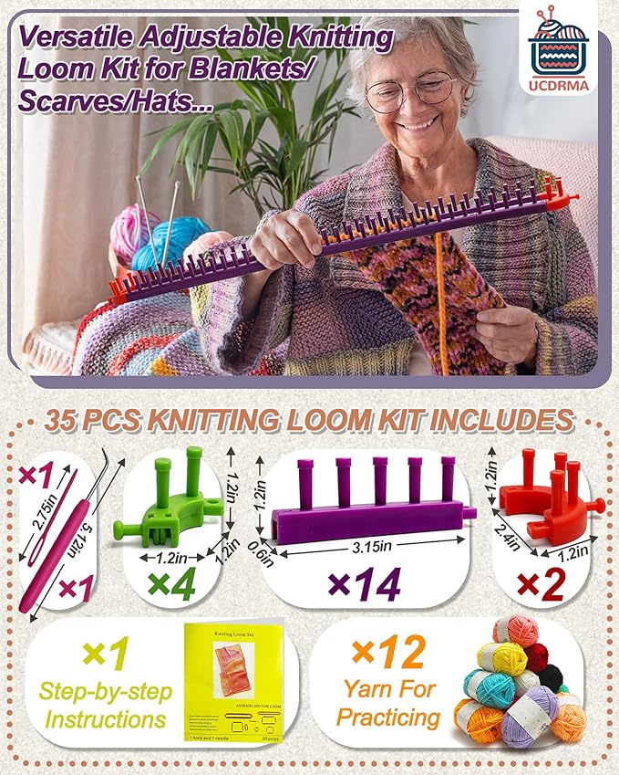 UCDRMA Adjustable Loom Knitting Kit, Up to 21 Different Sizes and Shapes Knitting Loom for Blankets/Scarves/Hats, Infinity Loom Crochet with 12 Yarn & Instructions, Flexible Yarn Loom for Beginners