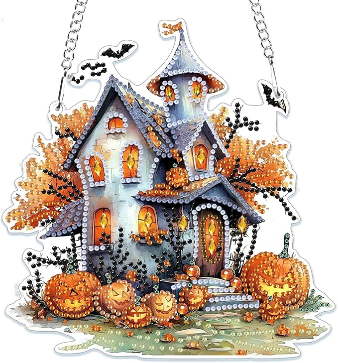 MOGTAA Halloween Diamond Art Hanging Pendant Kits, Pumpkin House Diamond Art Kits for Adults, 5D Special Shape Diamond Painting Gem Art for Home Garden Wall Decor