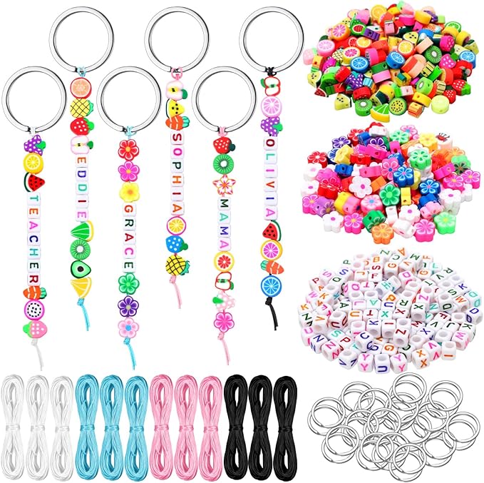 Landical 564 Pcs DIY Fruit Bead Keychain Kit Summer Key Chain Making Craft Adjustable Letter Beads String Mama Tropical Gift Alphabet Jewelry Backpack Accessories Holiday Party Favor(Lucky Color)